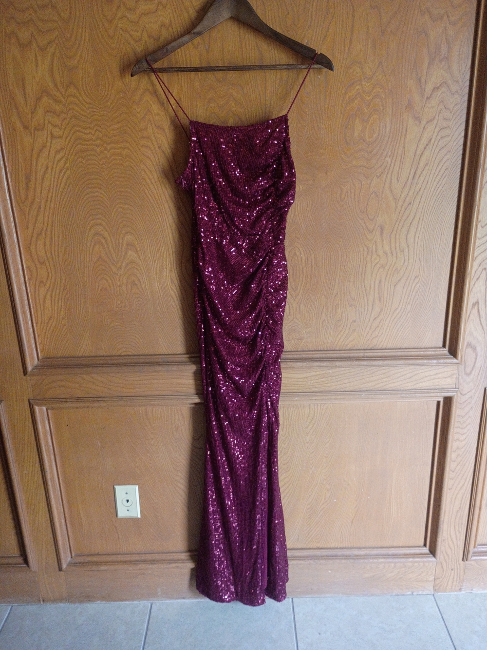 Fashion Nova Burgundy Sequin Maxi Dress with Spaghetti Straps